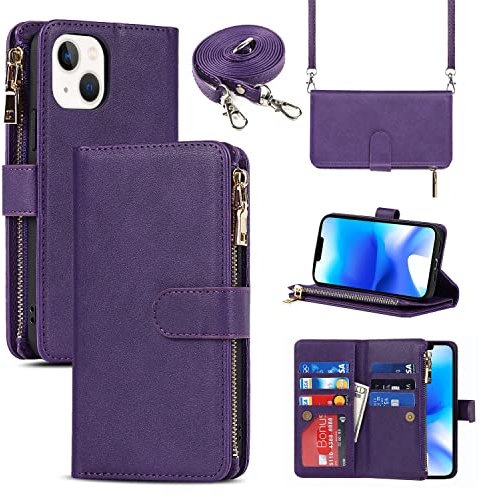 Cavor Compatible with iPhone 14 Plus Case With Card Holder With Strap,Flip Leather Crossbody Women Wallet Case,[9 Card Holders][2 Lanyards],Cover Phone Case Compatible with iPhone 14 Plus - Purple