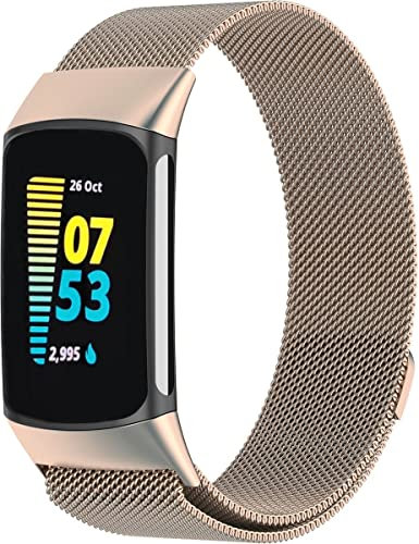 GLOBAL TECH Replacement Metal Strap Compatible with Fitbit Charge 6/Charge 5 Metal Strap for Men Women - Milanese Magnetic Band Stainless Steel Wristbands (Champagne Gold)