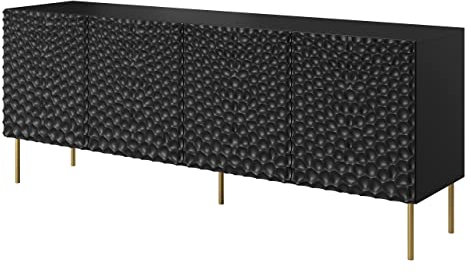 Kommode Halori 190 mit 4 Türen, Türkommode, Griffloses Öffnungssystem, Mehrzweckschrank, Highboard, Sideboard, Wohnzimmer, Esszimmer (Schwarz/Schwarz + Gold)