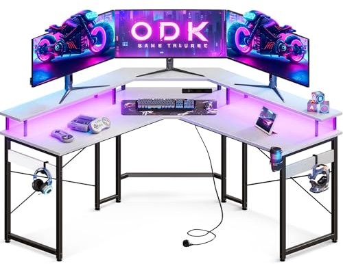 ODK Mesa Gaming con LED, Escritorio Gaming con Enchufes y Puertos USB, Mesa Escritorio Gaming con Soporte para Monitor, Blanco, 129x129 cm