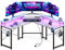 ODK Gaming Tisch mit 2 Steckdosen und 2 USB Ladeanschluss, Gaming Schreibtisch mit LED, Eckschreibtisch Weiß mit großzügiger Monitorablage, Computertisch für Gaming und Home Office, 129x129 cm