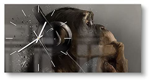 DEQORI Glasuhr | vertikal 60x30 cm | Motiv Affe mit Kopfhörern | große XXL Design Uhr aus Glas | leise Wanduhr für Wohnzimmer & Küche | moderne Hingucker Uhr für die Wand