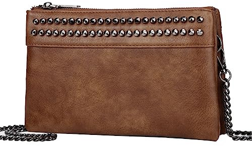 VASCHY Clutch Damen, ELegant Nieten Weiches Kunstleder Handtasche Umhängetasche Wristlet Clutch Crossbody für Hochzeit Freizeit Party Braun