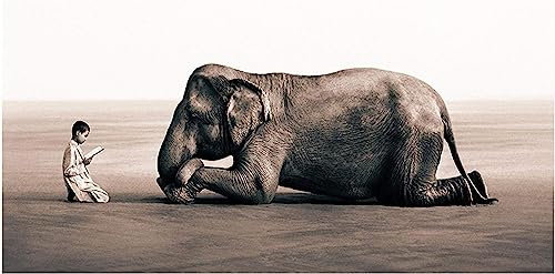 MHLCMG Leinwand Malerei Junge liest vor Elefanten Bilder Wandkunst Schwarz Weiß Poster Kunstdruck Bild Wand Wohnzimmer Schlafzimmer Dekor Kein Rahmen (60X120CM)