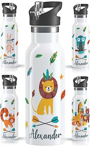 OWLBOOK® Edelstahl Trinkflasche Kinder personalisiert | Wasserflasche mit Strohhalm | 600 ml | Sportdeckel | Spülmaschinenfest | Schule Schulanfang Geschenke zur Einschulung Junge | Boho Löwe