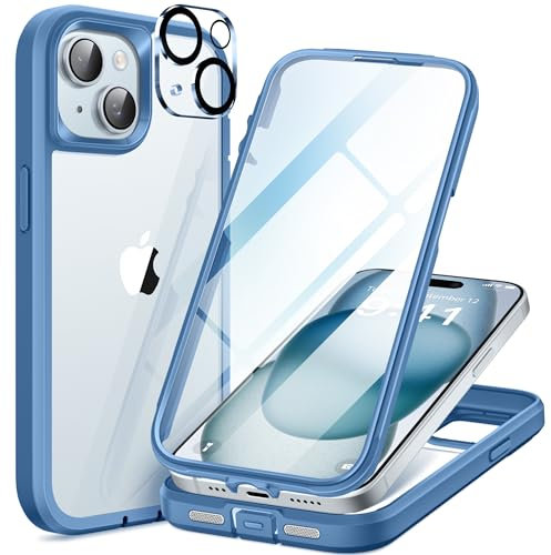 TIESZEN Compatible with iPhone 15 Case, Upgraded Dustproof Design, Built-in 9H Tempered Glass Screen Protector + 2X Camera Lens Protector, Full Body Military Grade Rugged Phone Cover 6.1, Light Blue