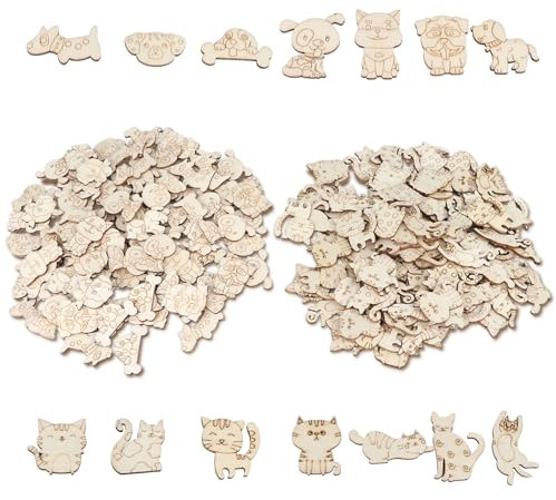 200 Stück Natürliche Holzscheiben 3-3,5cm Durchmesser 2,5mm Dick Katzen Hunde Form Deko Holzplatte Basteln Holz Scheiben für DIY Malerei Handwerk Hochzeit Weihnachten Dekoration