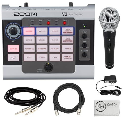 Zoom V3 Vocal Processor Bundle with Handheld Cardioid Microphone + 20 ft XLR Cable + 18.6 ft Instrument Cable + 9V Power Supply (6 Items)