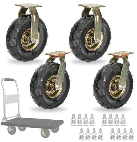 Schwerlastrollen 200mm 250mm Luftreifen Gummi Rollen 4er SET, Doppelte Kugellager Bockrolle Mit Bremse Lenkrolle, Mit Metallplatten Industrie Transport Ersatz Rollen, Tragkraft 600kg (Color : Fixed+S