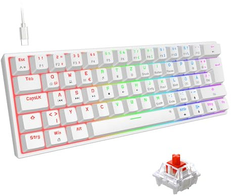 Snpurdiri 60% kabelgebundene mechanische Gaming-Tastatur, 62 Anti-Ghosting-Tasten, Blaue LED-Hintergrundbeleuchtung, ultrakompakte Zwei Stände (Rot Schalter/62 Weiß)