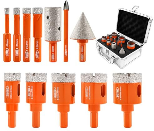 BGTEC Diamant-Lochsäge-Set Marsonry-Bohrer mit,12 Stück 6/8/10/12/20/25/28/32/35mm Bohrer+6mm Hartmetall-Bohrer+20mm Fingerfräser+35mm Diamant-Fasenfräser für Granit Marmor Porzellan Fliesen Keramik