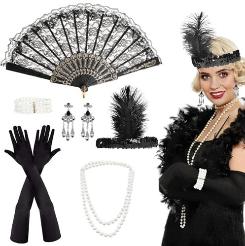 7PCS 1920er Jahre Kostüm Damen Set, Great Gatsby Accessoires Damen, 20er Mode Mafia Kostüm Damen Mit Stirnbänder Handschuhe Halsketten Ohrringe Faltbare Fächer Faschingskostüme Für Party Abschlussball