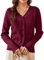 KANCY KOLE Damen Strickjacke Elegant V-Ausschnitt Kurz Strick Cardigan mit Knopfleiste Open Front Sweater Strickwaren Dunkelrot M