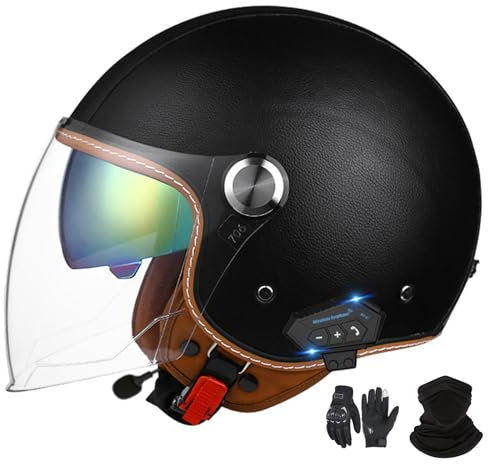 GNIUBBDB Casco Jet con Bluetooth, Casco de Motocicleta, certificación ECE, Casco de Cuero, Casco de Scooter, Casco Jet para Adultos, Hombres y Mujeres con Visera Solar Doble D-1,L (57-59 cm)