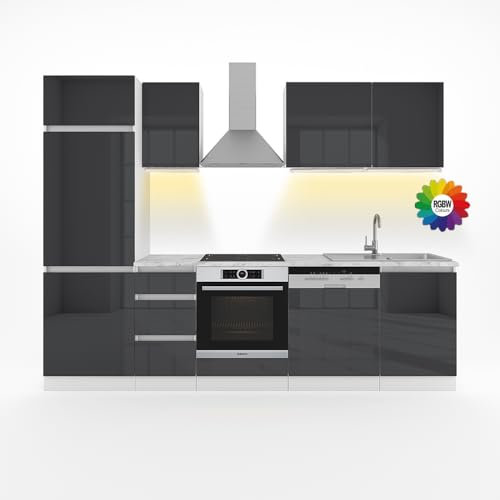 Vicco Küchenzeile Optima, Anthrazit Hochglanz, 270 cm ohne Arbeitsplatte, grifflos mit LED-Leisten