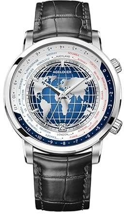 AGELOCER Weltzeituhr, Original 24 Zeitzonen, automatische mechanische Uhr für Herren, luxuriöses wasserdichtes Lederband, Kleideruhren für Herren, Geschenk