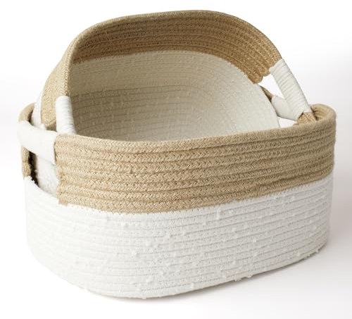 LA JOLIE MUSE große Baumwollseil Aufbewahrungskörbe, 2er Set, natürlich und sicher für Babys und Kinder im Kinderzimmer, zweifarbige gewebte dekorative Körbe, 43 + 38 cm Grau Weiß