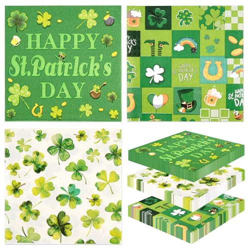 60 Pack St. Patricks Day Napkins, Green Clover Disposable Party Paper | St Patrick's Day themed green clover design, Disposable paper napkins, Perfect for cocktail party table decor & supplies