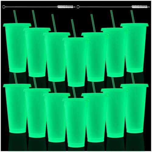 Honeydak 15 Pack 24 oz Glow in the Dark Halloween Cups, Fluorescent Green | Reusable Plastic Tumbler with Straw and Lid, Halloween Light up Cups, Neon Glow Party Bottles, Drinking Iced Coffee Travel