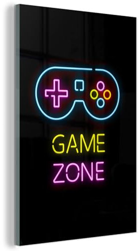 MuchoWow© Glasbilder 20x30 cm Deko Schlafzimmer Aesthetic Wohnzimmer Glas Gemälde Foto Geschenk Living Room Decoration Spiel - Neon - Schwarz - Sprüche - Gaming Zone