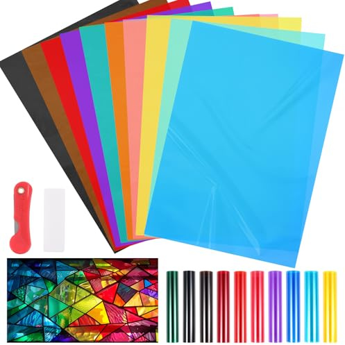 AmazingSpark 20 Sheet 10 Colors Window Film 21 cm x 30cm Transparent Decorative Glass Film Self-Adhesive Window Tinting with Knives and Scrapers for DIY Party Home Decoration