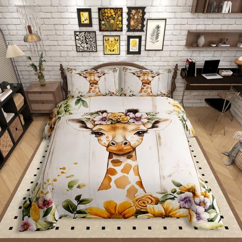 Homewish Giraffe Kinderbettwäsche 135x200 Aquarell, Cartoon Zootier Bettbezug Niedlich für Mädchen Jungen, Gelbe Ästhetische Blumen Bett Set, mit 1 Kissenbezug Holzbrett Dekor, Weiche Mikrofaser