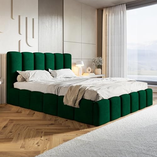 MOTIVENA Nunu Bubble Bett 160x200, Polsterbett 160x200 Samt, mit Bettkasten, mit Stauraum, mit Lattenrost, mit Kopfteil, ohne Matratze, Grün Dunkelgrün