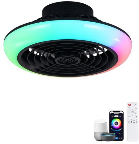Luyaim 40CM RGB Ceiling Fan with Alexa & Bluetooth Speaker - Smart Dimmable LED Fan Light, 6 Speeds DC Motor, Timer, Remote Control, Color Changing Light for Kids & Teens Rooms-Black
