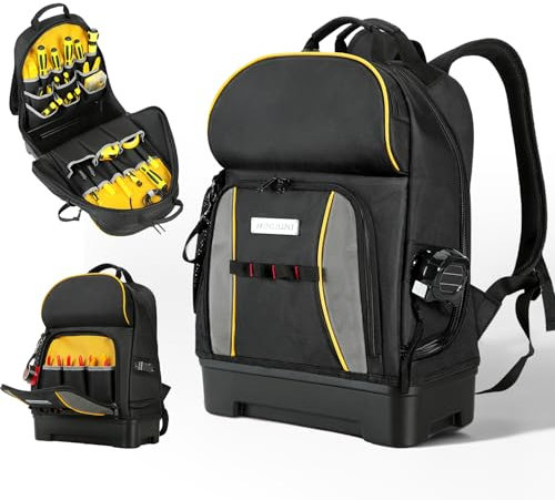 WINHUNT Tool Backpack for Men, 31 x 17 x 47 cm Heavy Duty Tool Bag Backpack with Waterproof Molded Base, 27 Pockets Tool Storage Organizer Bag for Eelectrician, Black