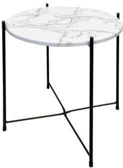 Acomoda Textil – Mesa Auxiliar Plegable de Metal para Recibidor, Salón y Oficina. Mesita de Café Redonda para Centro con Bandeja Extraíble Decorativa, Cómoda y Ligera 40x51 cm. (Marmol Blanco)