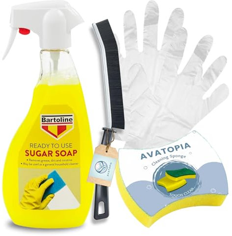 Barto line Sugar Soap Spray (500ml), Sponge, Crevice Brush and Plastic Gloves | Wall Cleaner for Painted Walls, Sugar Soap for Cleaning, Bathroom Cleaning Tool, Removes Grease, Grime & Nicotine Stains