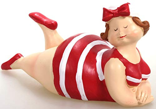 Badenixe mit Kopftuch liegend - rot - 13 cm im gestreiften Badeanzug üppige Badelady Mädchen Rubensfrau mollige Dame Nana Dicke Frau Figur Dekorationsfigur maritim Badefigur Strandnixe Rubensdame