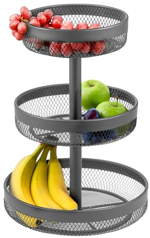 eluno 3-stöckige runde Obstetagere/Brotkorb, Etagere, Obstschale, Obstkorb aus Metall, viel Platz für die übersichtliche Lagerung von Obst, Gemüse, Brot und Snacks in Küche und Wohnzimmer (Grau)