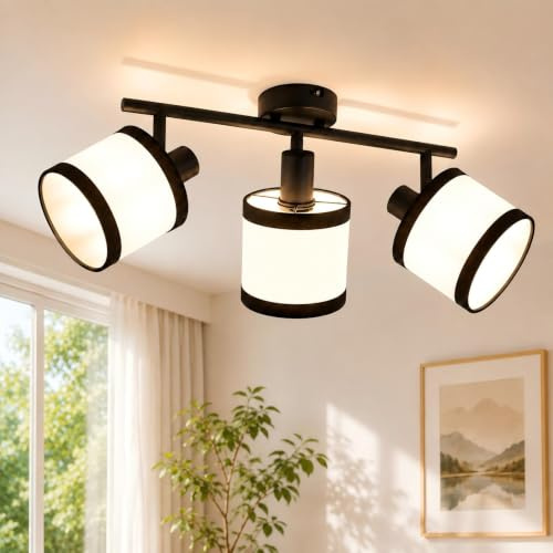 Glitzerlife Deckenstrahler 3 Flammig Deckenlampe E14 Flurlampe Deckenspots | Deckenleuchte Stoff Schwenkbar 350° Küchelampe Vintage Schwarz für Schlafzimmer Flur Wohnzimmer (Ohne Leuchtmittel)