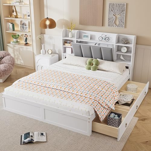 dowowdo Doppelbett 160x200 mit Schubladen und Regal Hochbett mit 3 Rollschubladen Samtkopfteil Ablagefächer Kiefer Holz Bettgestell Weiß Grau