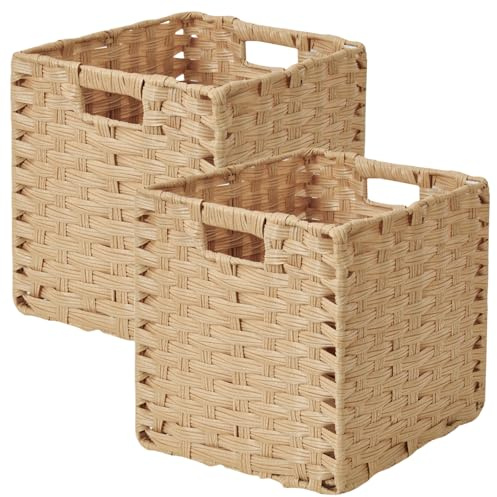 Sagittar Faltbarer Korb Geflochten aus Rattan-Imitat, 25x25x25cm Aufbewahrungskorb für Vorratskammer, Schrank, Regalkorb Würfel, Wasserdicht, Nicht Schimmelig, 2 Stück, Natürliche Farbe