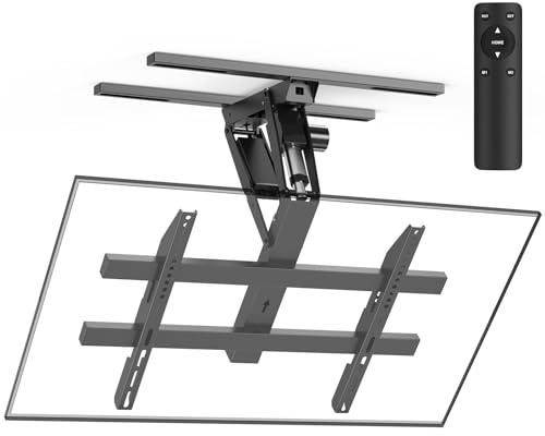 Zontera Soporte eléctrico de techo para TV con control remoto, soporte motorizado abatible para televisores de pantalla plana y curva de 32 a 75 pulgadas de hasta 110 libras, se adapta a techos planos