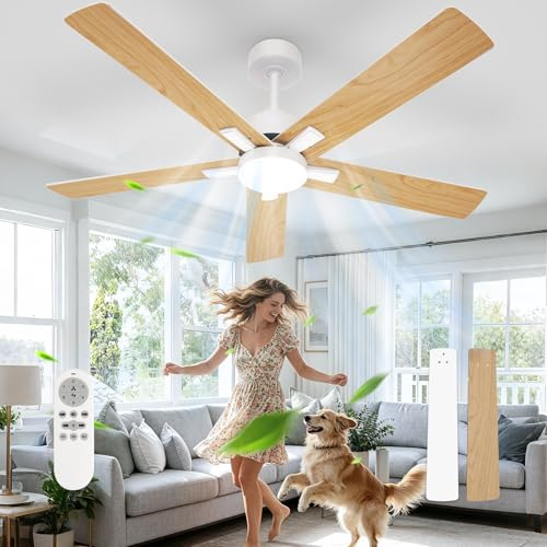 Comely Ventilatore da Soffitto con Luce, 132cm, 3 Temperature Colore,Ventilatore da Soffitto con 6 velocità, Ventilatore da Soffitto Luminoso Funzione Estate/Inverno per Camera da Letto, Legno Chiaro