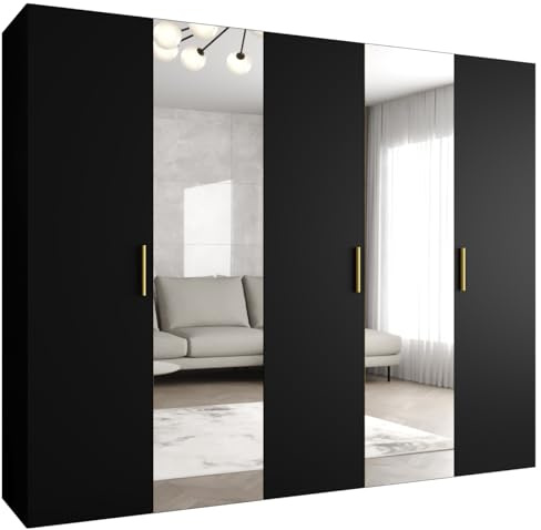 MEBLE KRYSPOL - Kleiderschrank - Garderobenschrank - 250 cm x 202 x 52 cm - Schrank mit Kleiderstange und Spiegel, 5 Türen - für Schlafzimmer, Flur - BARI, Schwarz, Griff Gold