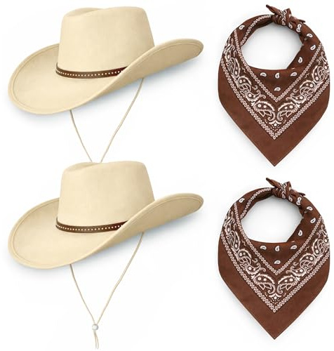 Cowboy Cowgirl Hats Pack of 2 Felt Western Unisex (2 Sand Hats and Matching Bandanas) Texas Texan Costume Accessories for Women, Men, Adults Wild West Fancy Dress (2x Sand Hat & 2x Brown Bandana)