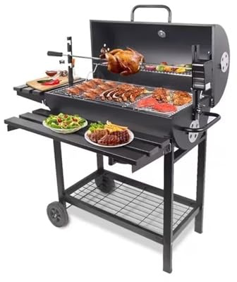 Outdoor XXL Portable Charcoal BBQ Grill Smoker with Wheels & 2 Folding Side Tables, Built-in Thermometer & Adjustable Charcoal Pan, Large Barbecue Grill for Patio, Garden, Backyard & Party Cooking
