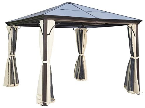 Outsunny 3 x 3(m) Hardtop Gazebo Canopy with Polycarbonate Roof and Aluminium Frame, Garden Pavilion with Mosquito Netting and Curtains, Brown