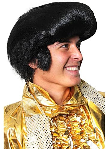 Adultos King of Rock Wig Fancy Dress Accessory - King Of Rock disfraz peluca Rock N Roll tupé músico peluca 1950S Star negro pelo sintético