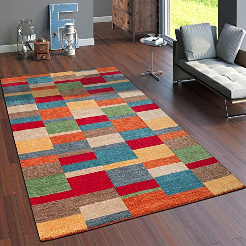 Paco Home Teppich Wohnzimmer Schlafzimmer Kurzflor Ethno Design Geometrisches Muster Handgearbeitet Gabbeh Moderne Deko, Grösse:120x170 cm, Farbe:Bunt
