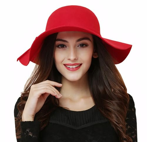 ASSQI Damen-Mütze, 100 % Wolle, faltbar, breite Krempe, Retro-Fedora-Schlapphut, Filz, Rot/Ausflug, einfarbig (Getaway Solids), Einheitsgröße