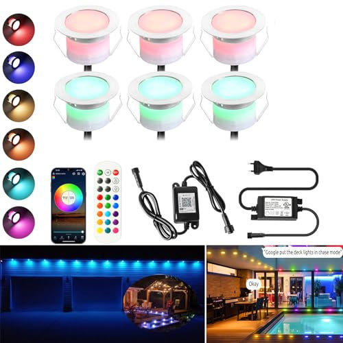 6er WIFI RGB LED Bodeneinbauleuchten Terrassen Bodenstrahler Terrassenbeleuchtung Arbeitet mit Alexa, Google Home,RGB Ø45mm IP67 Wasserdicht 0.5W LED Einbaustrahler rgb Full Kit