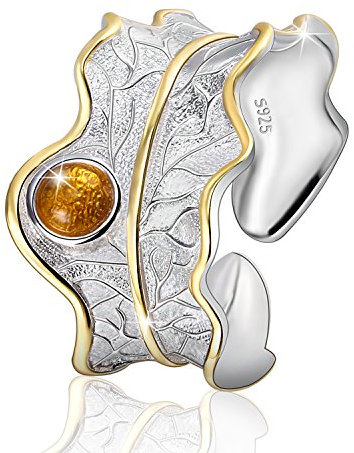 Springlight Sterling Silver Adjustable Ring, Wide Open Band, Natural Stone Red/Yellow/Green, Leaf Ring, Handmade Jewelry, Mum Gifts, Gifts for Women (Yellow)