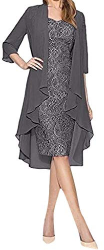 DAY8 Abito Due Pezzi Donna Elegante Cerimonia Vestiti Pizzo Corti Sexy e Cardigan Manica Lunga Taglie Forti Vestito da Sera Elegante Maniche Lunghe (Grigio, XXL)