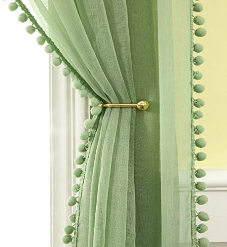 MIULEE Vorhänge mit Pompons-Niedlich Grün Gardinen 2-Set für Kinderzimmer, Transparent Gardinen mit Pompons für Wohnzimmer Jugendzimmer, Dekoschals Durchsichtig Vorhang mit Bommeln,2XH 225 X B 140cm
