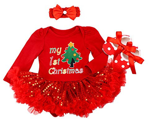 FYMNSI Bebé Niña Mi Primera Navidad Vestido Árbol de Navidad Calcetines Reno Princesa Tutú Falda Diadema Zapatos Conjunto de ropa 3pcs Infantil Fiesta Fotografía Disfraz Rojo Árbol de Navidad 0-3M